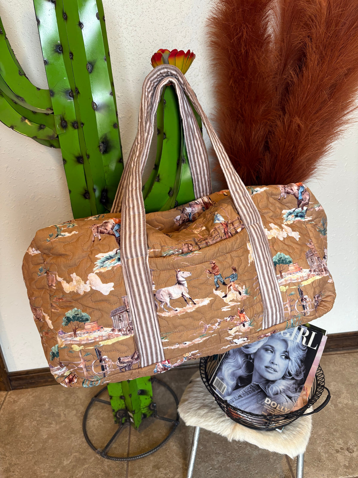Retro Cowboy Gold Quilted Weekender Duffle Bag