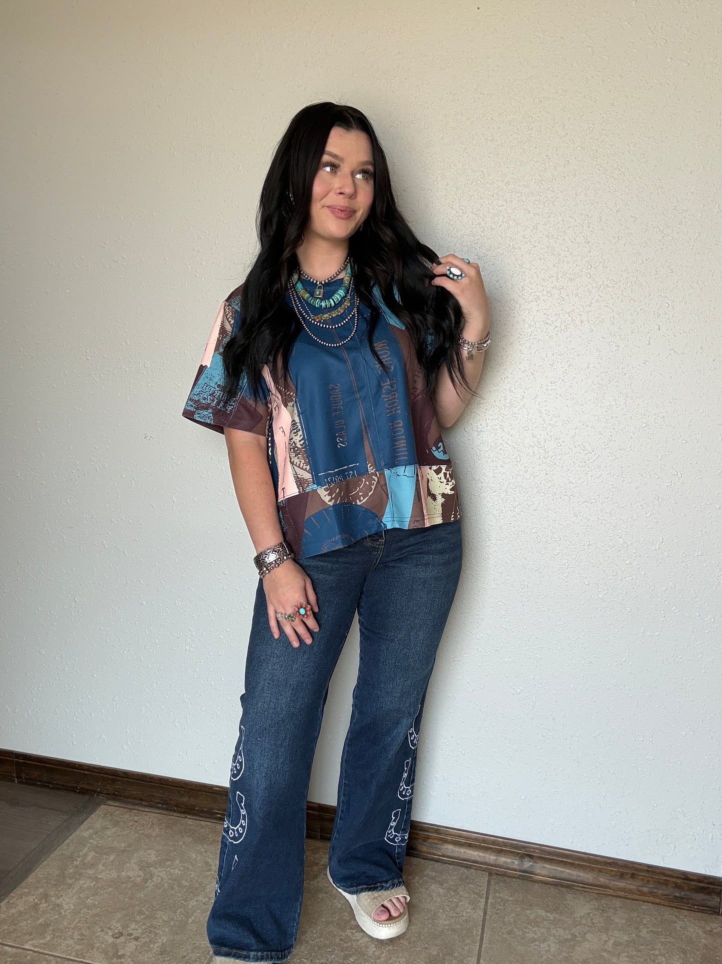 Dark Wash Horse Shoe Embroidered High Rise Wide Leg Cuffed Jean