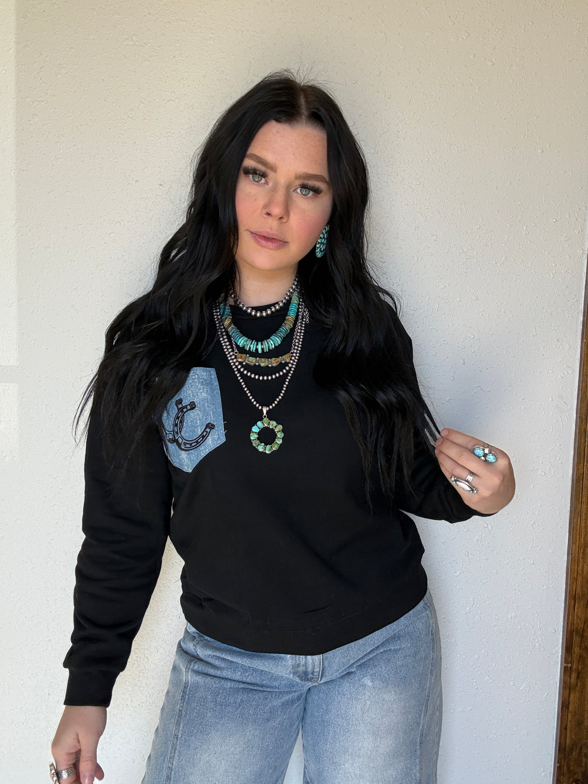 Embroidered Denim Front Pocket Crewneck