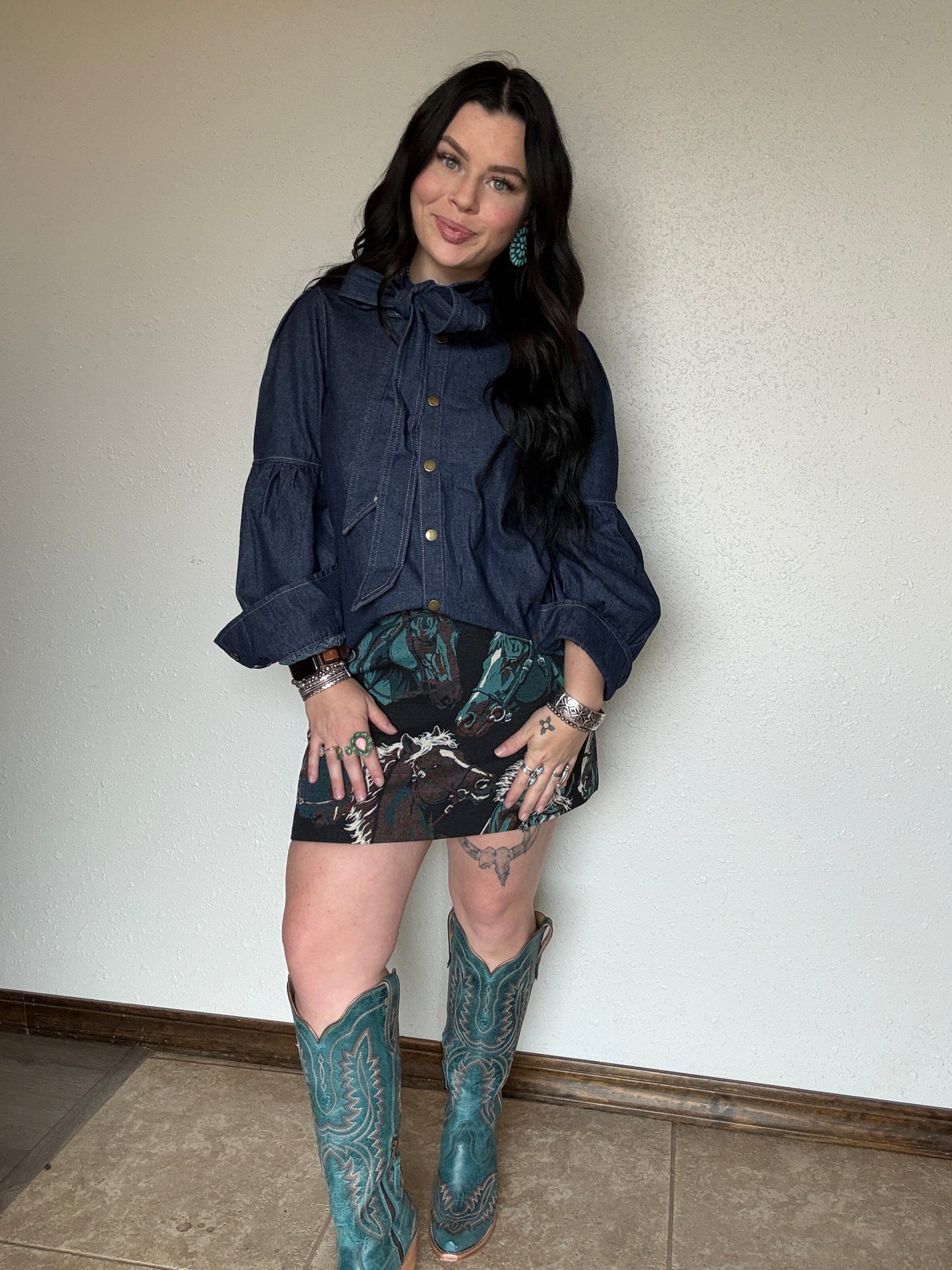 Dark Wash Puff Sleeve Denim Tie Top
