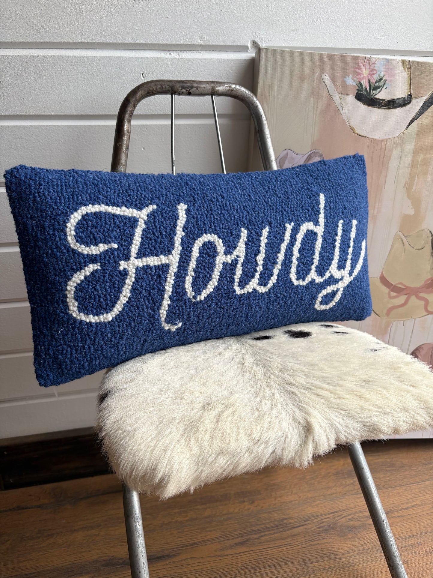 Blue Howdy Wool Hook Pillow