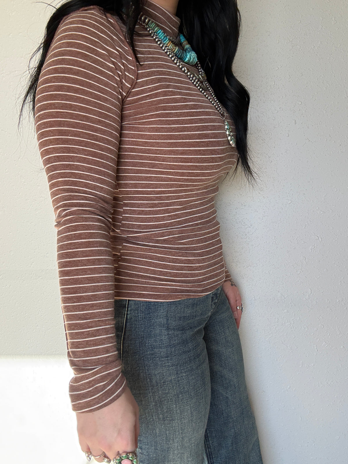Striped Mock Neck Long Sleeve Top: MOCHA