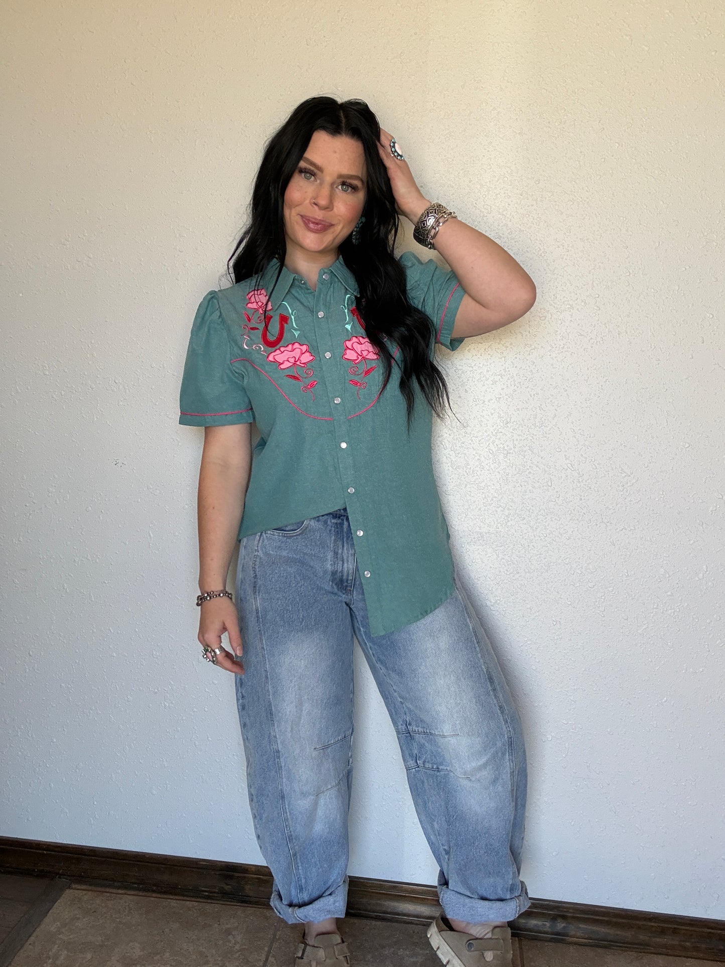 The Fall Rose Denim Button Up