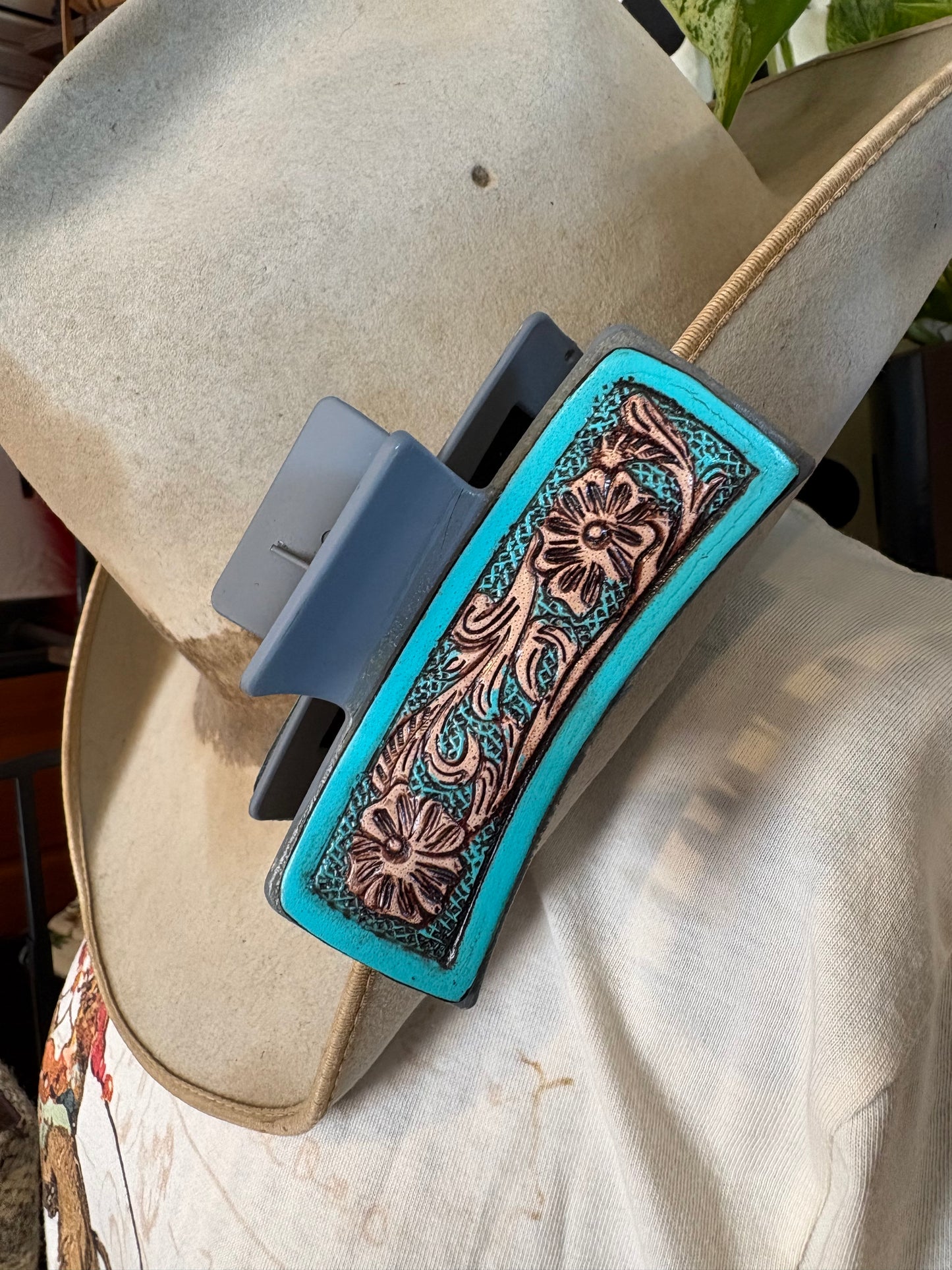 Turquoise Trails Tooled Leather Claw Clip