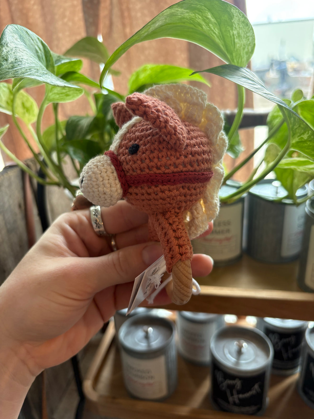 Horse Knit Plush Rattle + Wood Ring