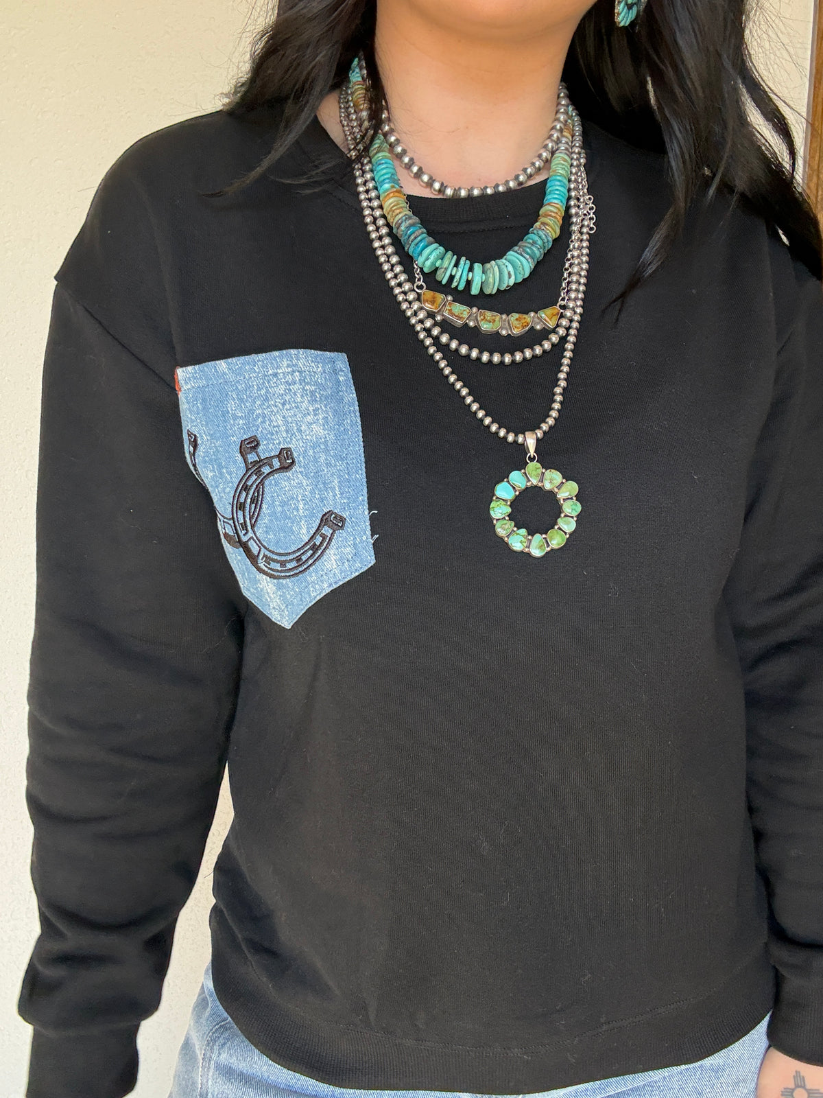 Embroidered Denim Front Pocket Crewneck