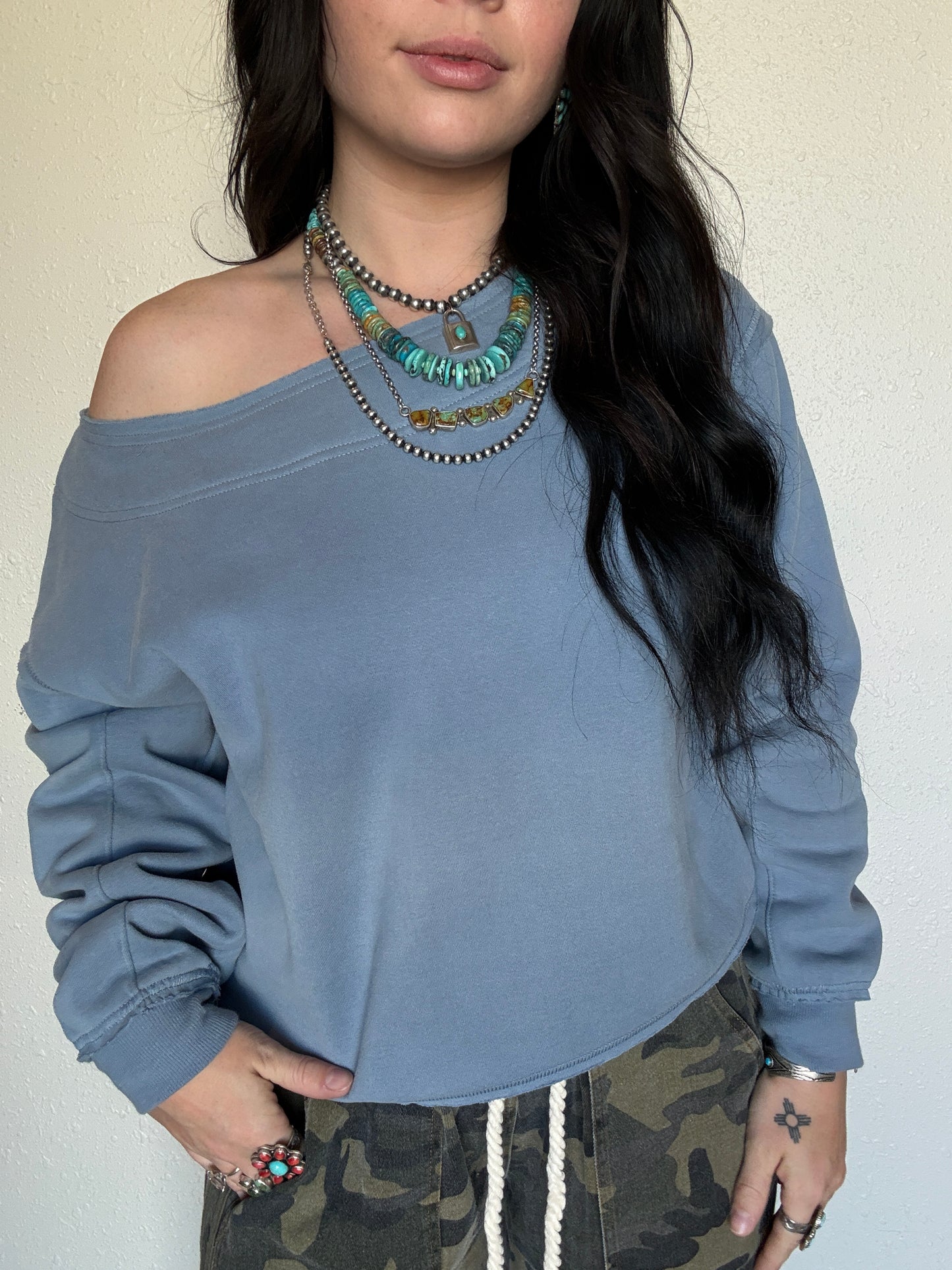 Ocean Blue Off The Shoulder Crewneck