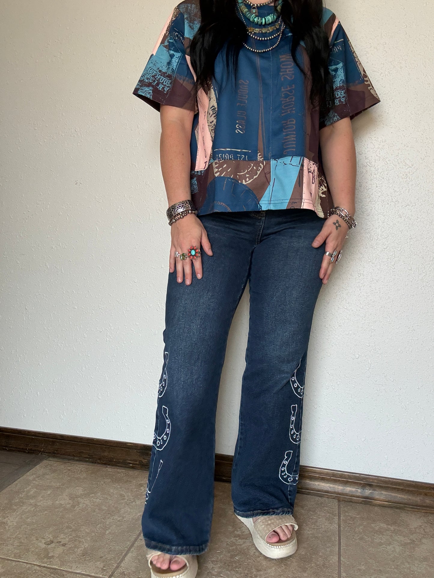 Dark Wash Horse Shoe Embroidered High Rise Wide Leg Cuffed Jean