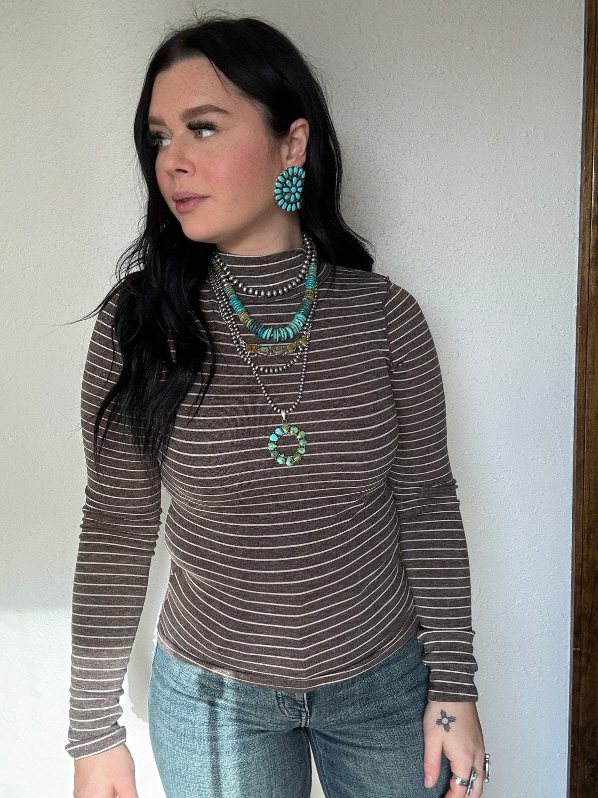 Striped Mock Neck Long Sleeve Top: CHOCOLATE