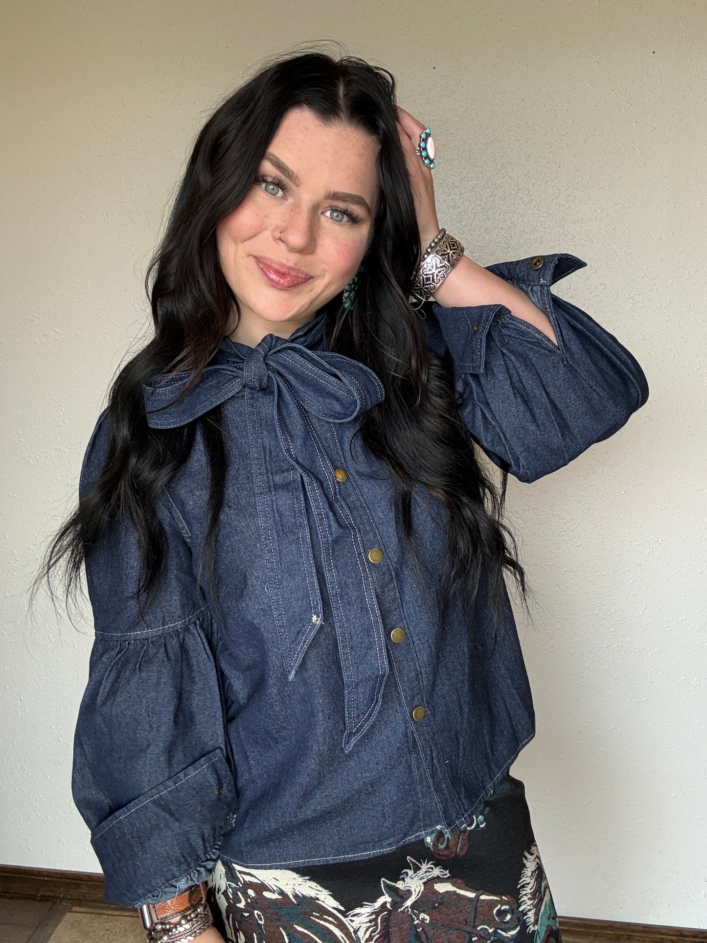 Dark Wash Puff Sleeve Denim Tie Top