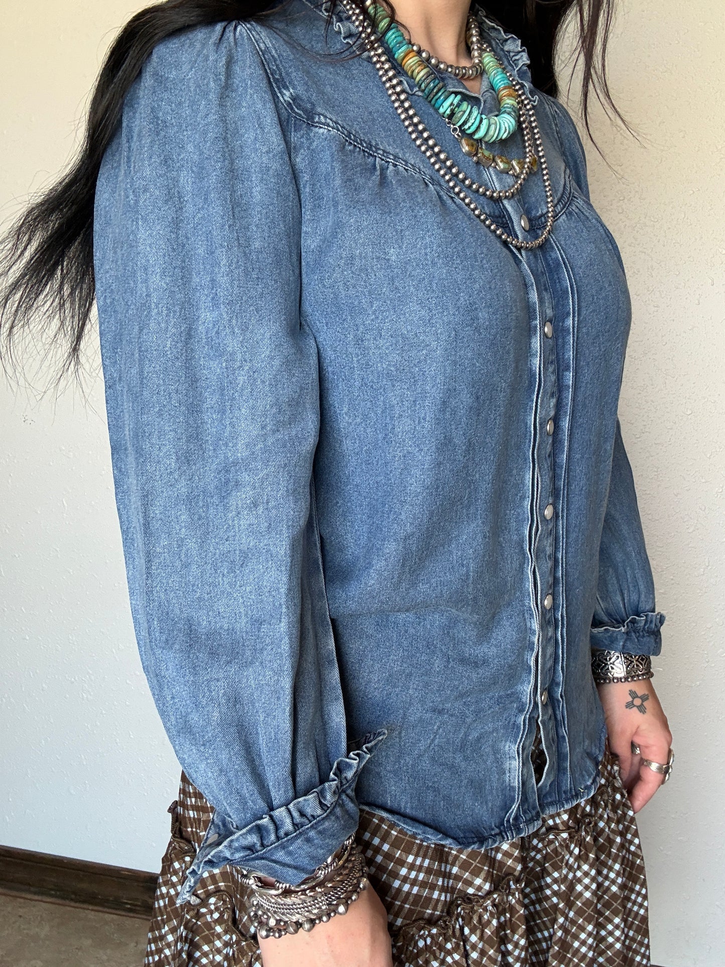 Medium Wash Denim Ruffled Pearl Snap