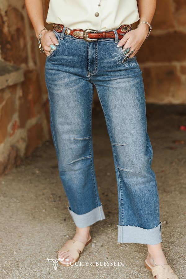 Western Printed Barrel Cuffed Mid Rise Jean
