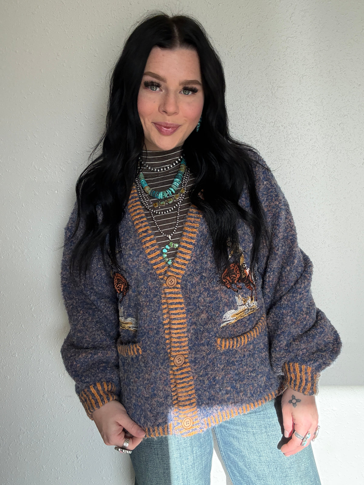 Cowboy Embroidered Fuzzy Knit