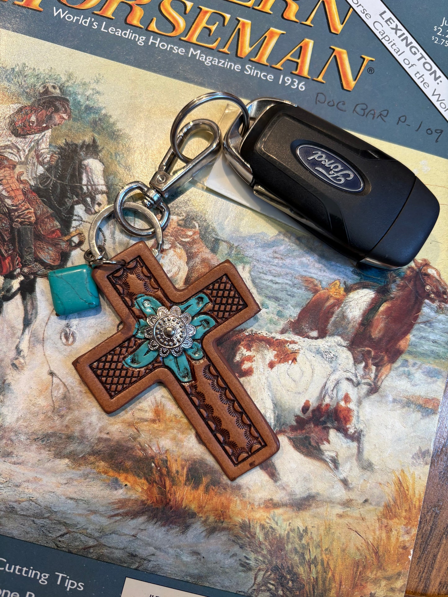 Turquoise Bloom Cross Key Fob