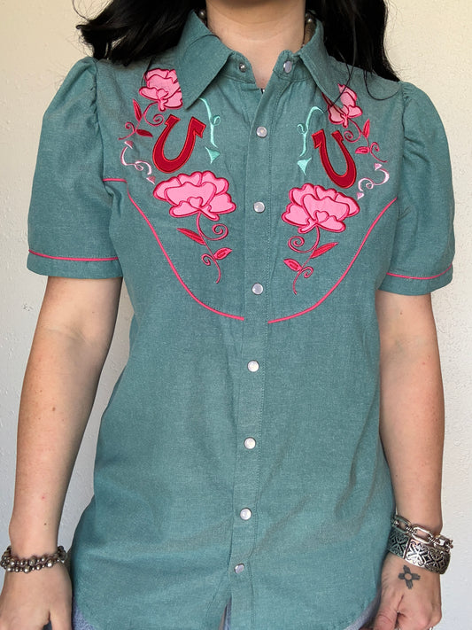 The Fall Rose Denim Button Up