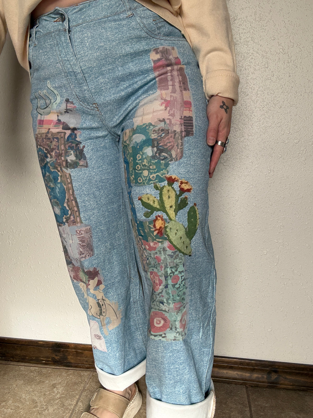 Western Art Collage Barrel Jeans