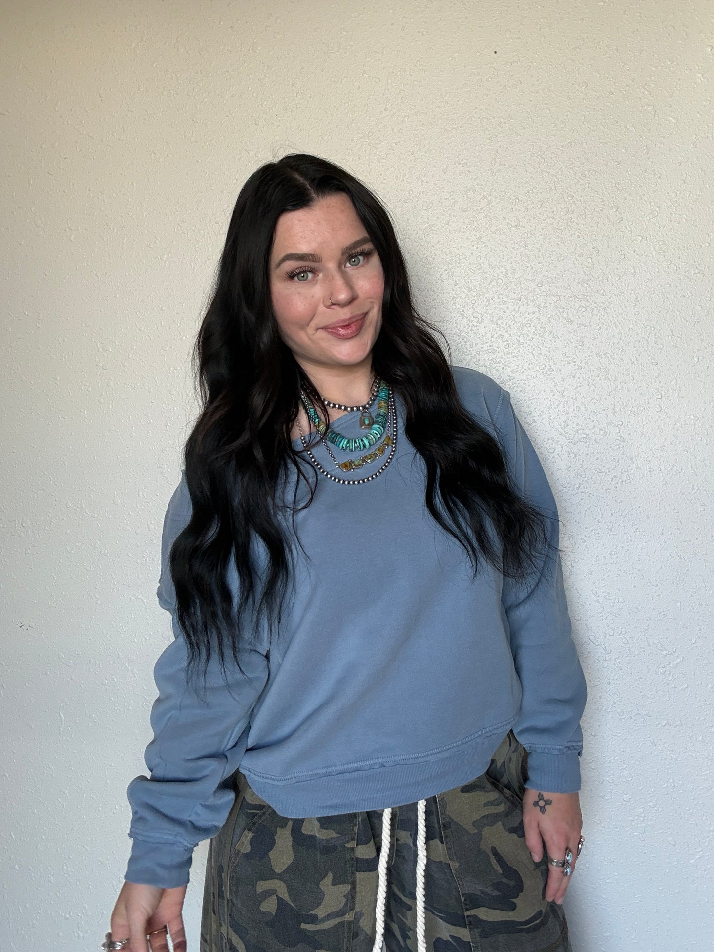 Ocean Blue Off The Shoulder Crewneck