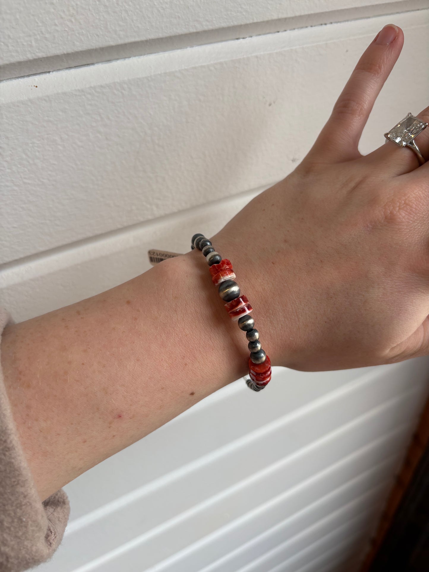 Red Spiny and Sterling Pearl Bracelet