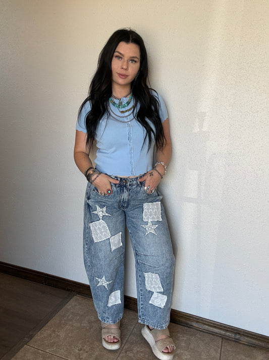 Patch Work Denim Barrel Jeans