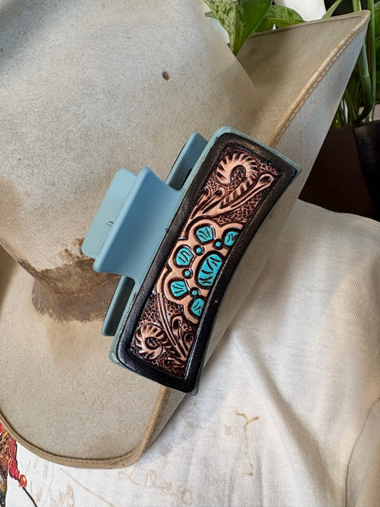 Cactus Bloom Tooled Leather Claw Clip