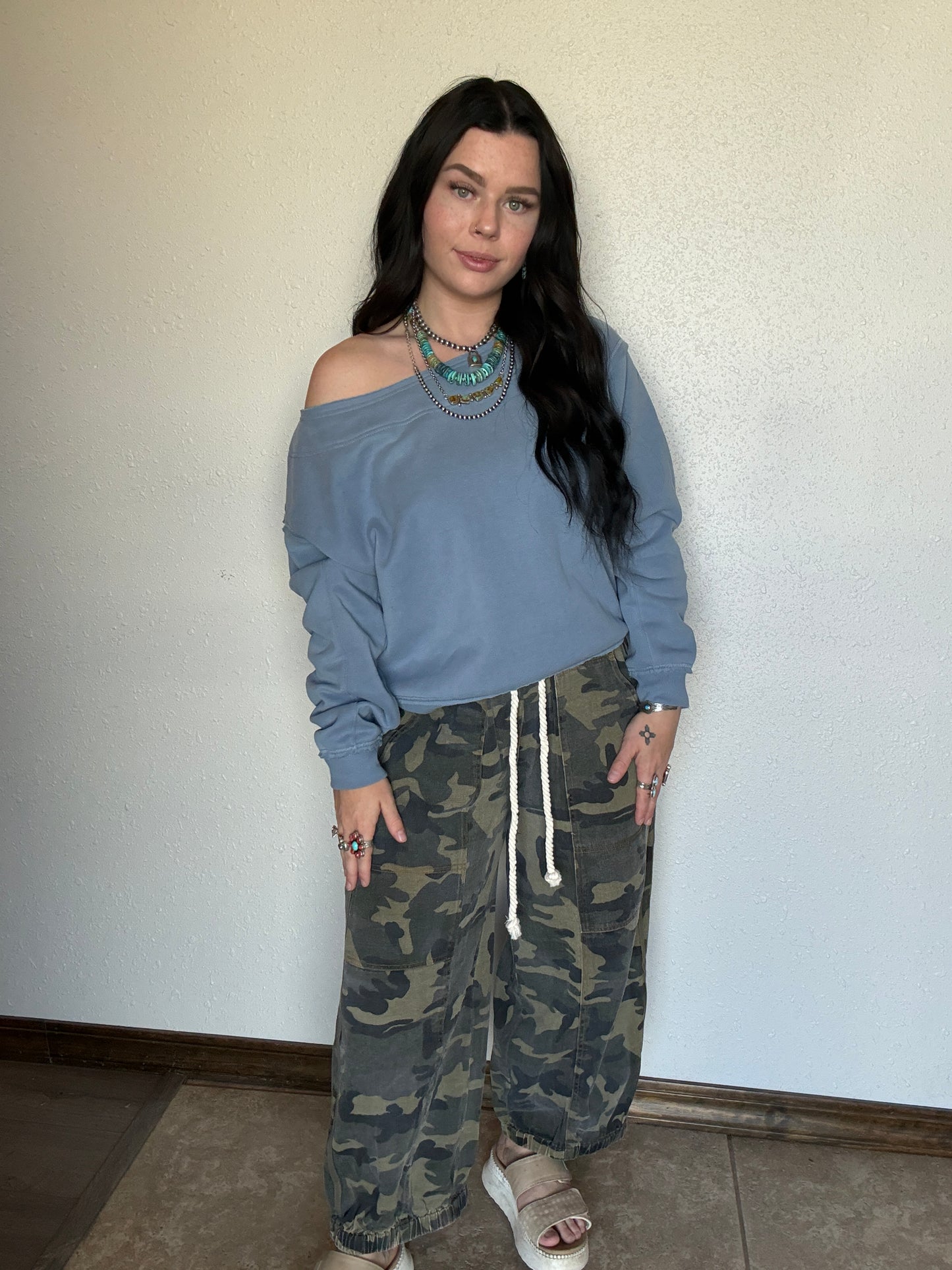Ocean Blue Off The Shoulder Crewneck