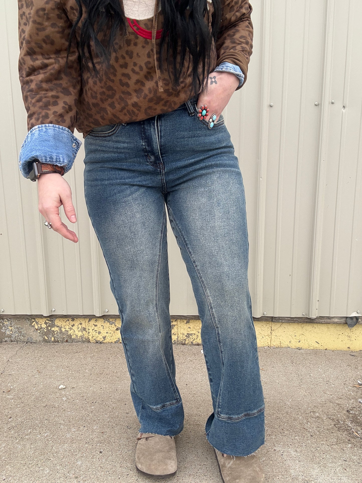 Vintage Wash Mid Rise Straight Leg Denim