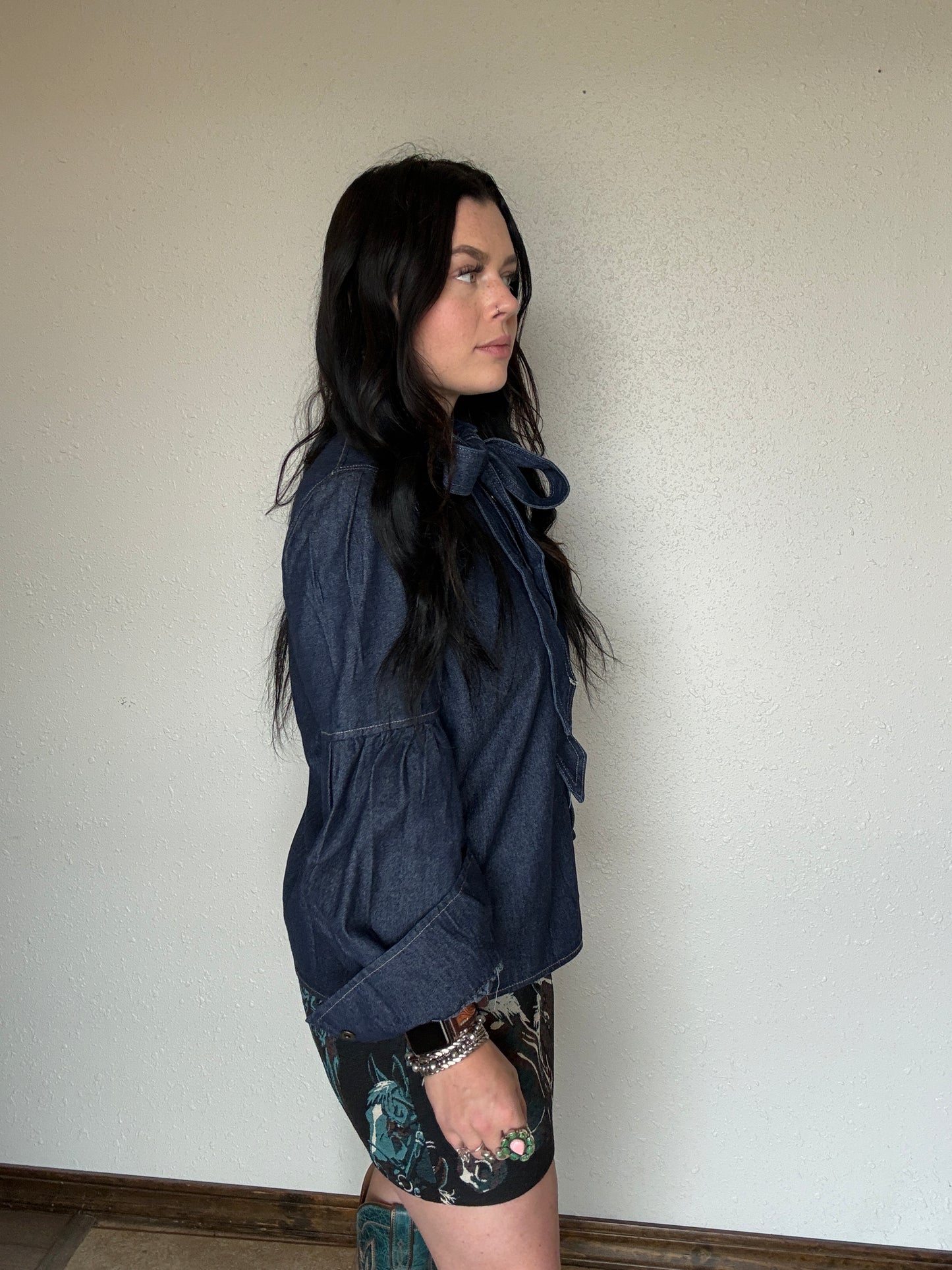 Dark Wash Puff Sleeve Denim Tie Top