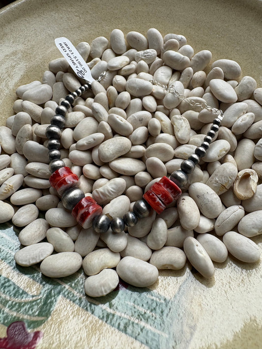 Red Spiny and Sterling Pearl Bracelet