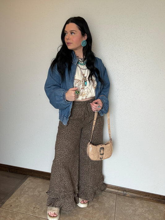 Ruffled Leopard Denim Pants