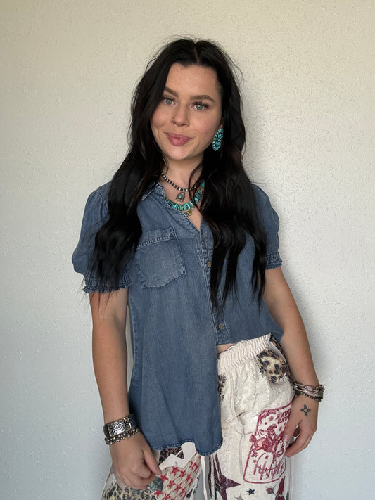 The Lucky Ruffled Denim Top
