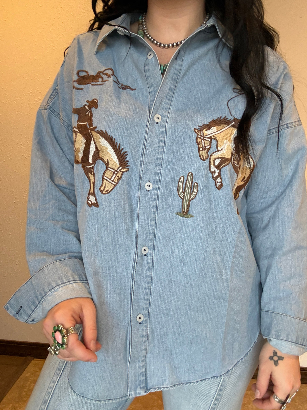 Blu Cowboy Embroidered Denim Top