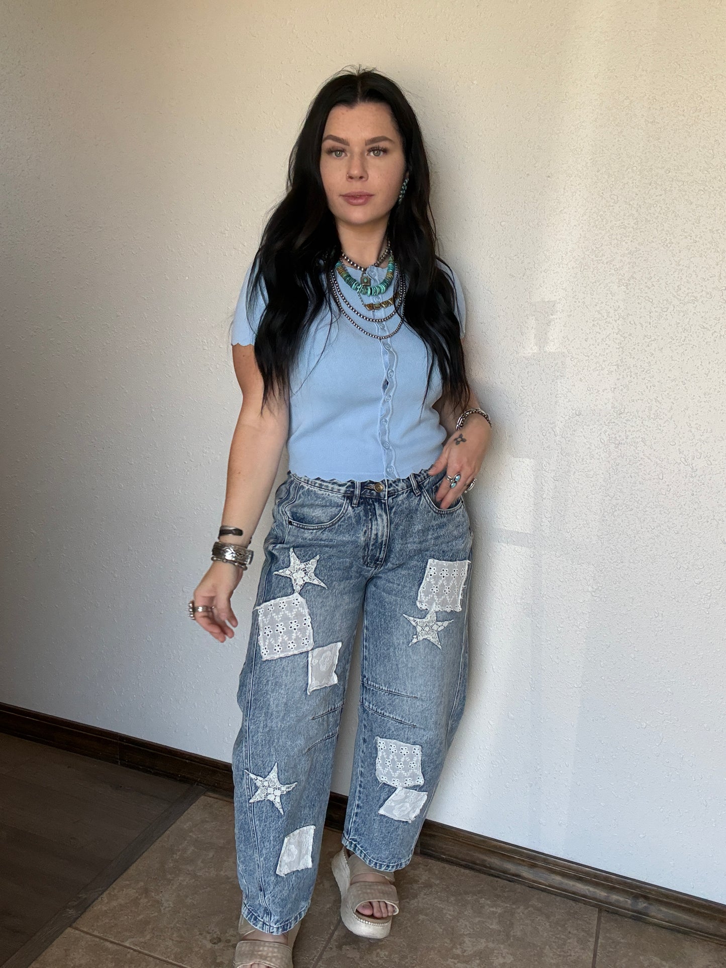 Patch Work Denim Barrel Jeans