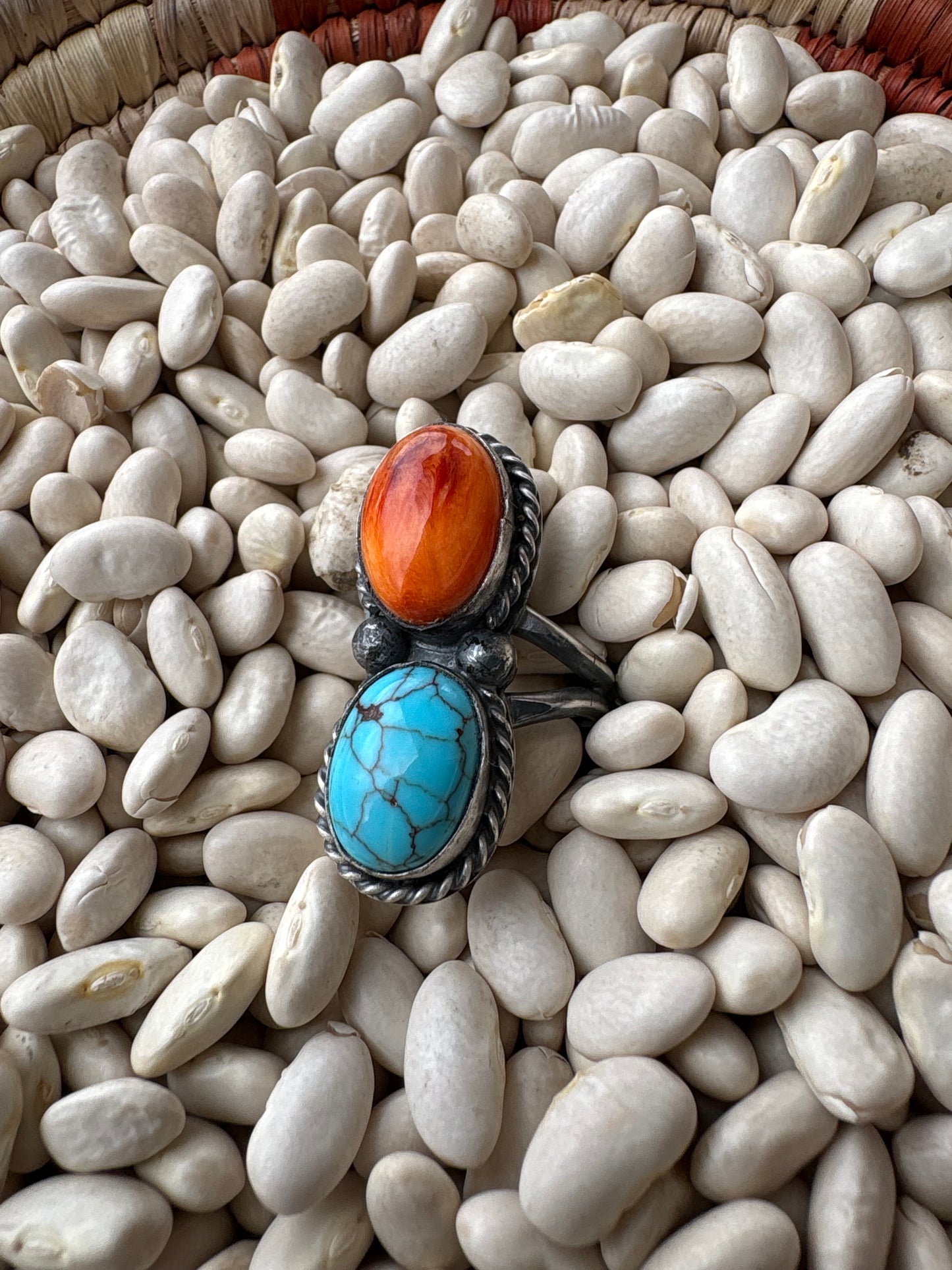 BJA Native Made Orange Spiny & Turquoise Ring•• Adjustable