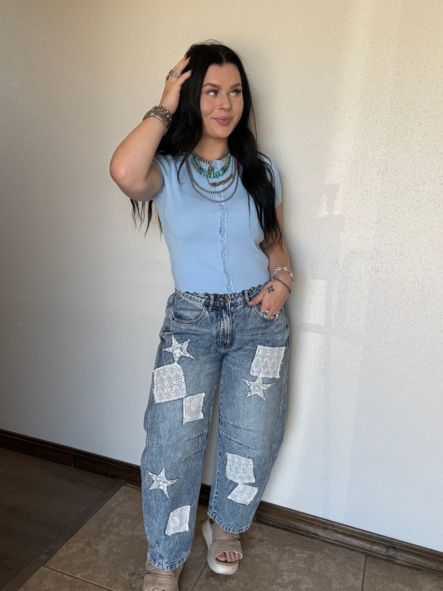 Patch Work Denim Barrel Jeans