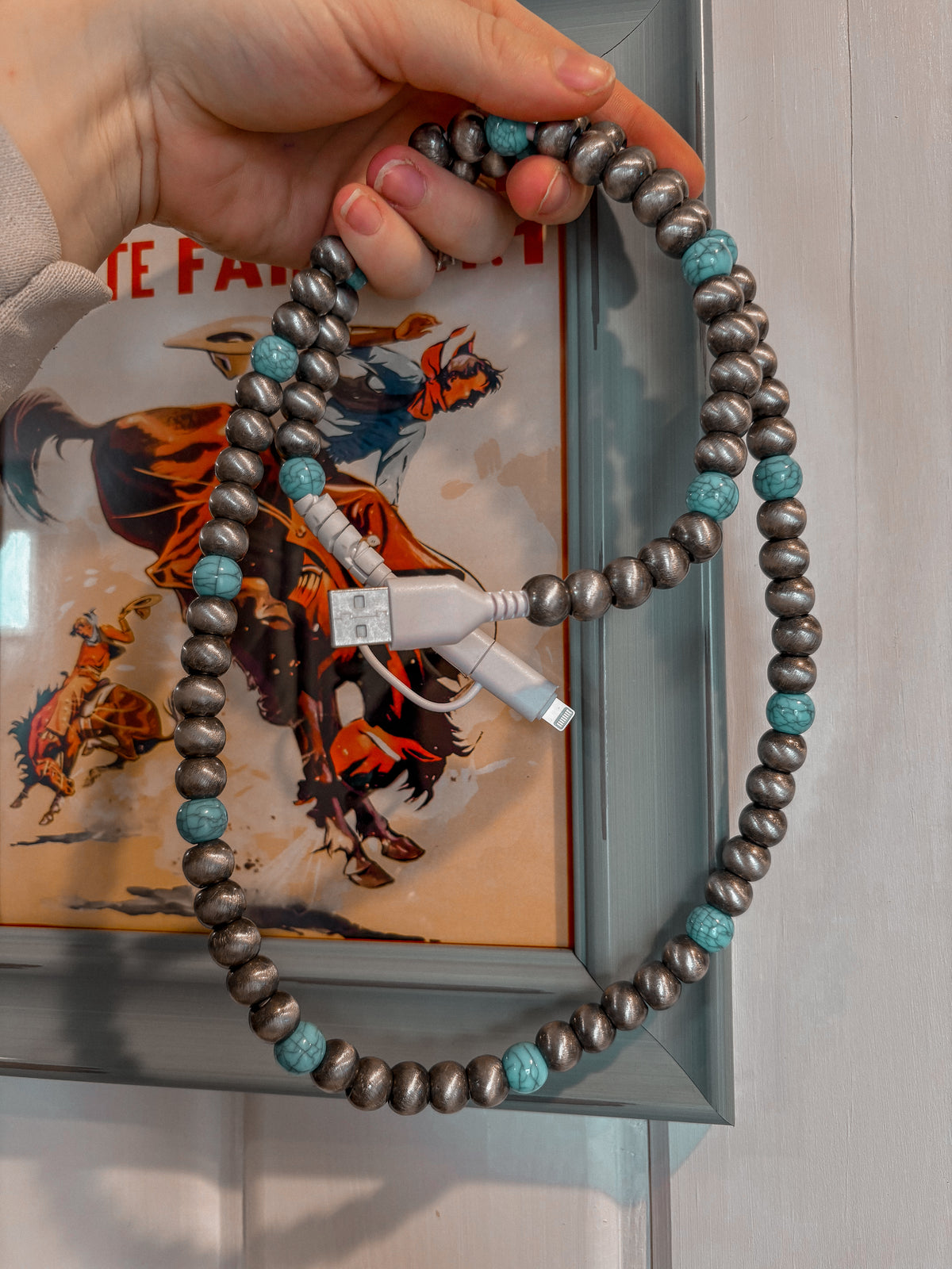 Dual Beaded Phone Charger *Silver & Turquoise