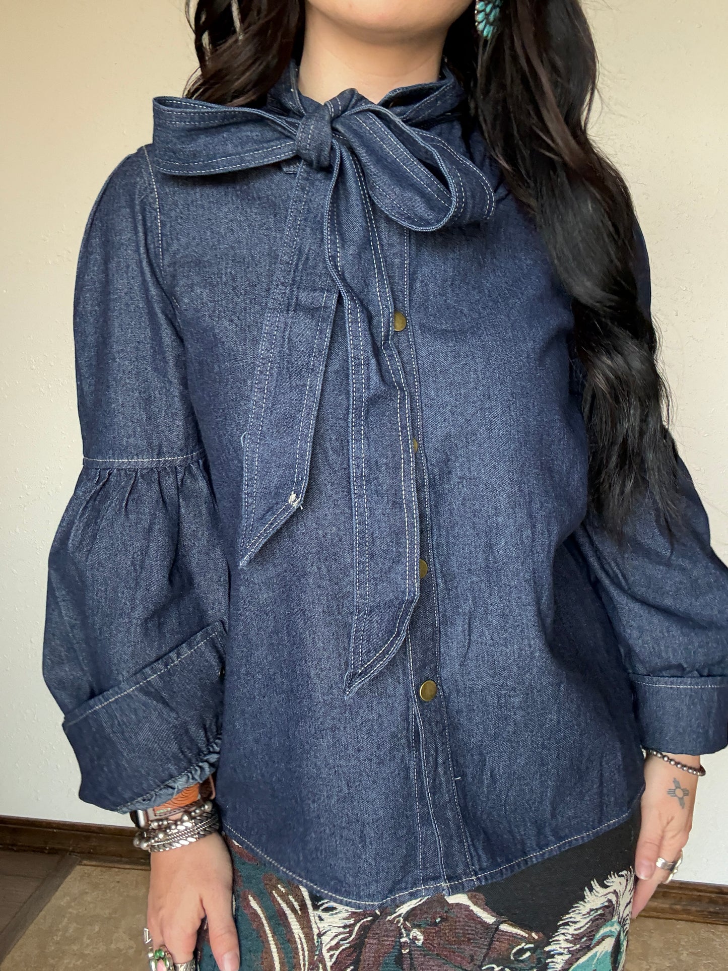Dark Wash Puff Sleeve Denim Tie Top