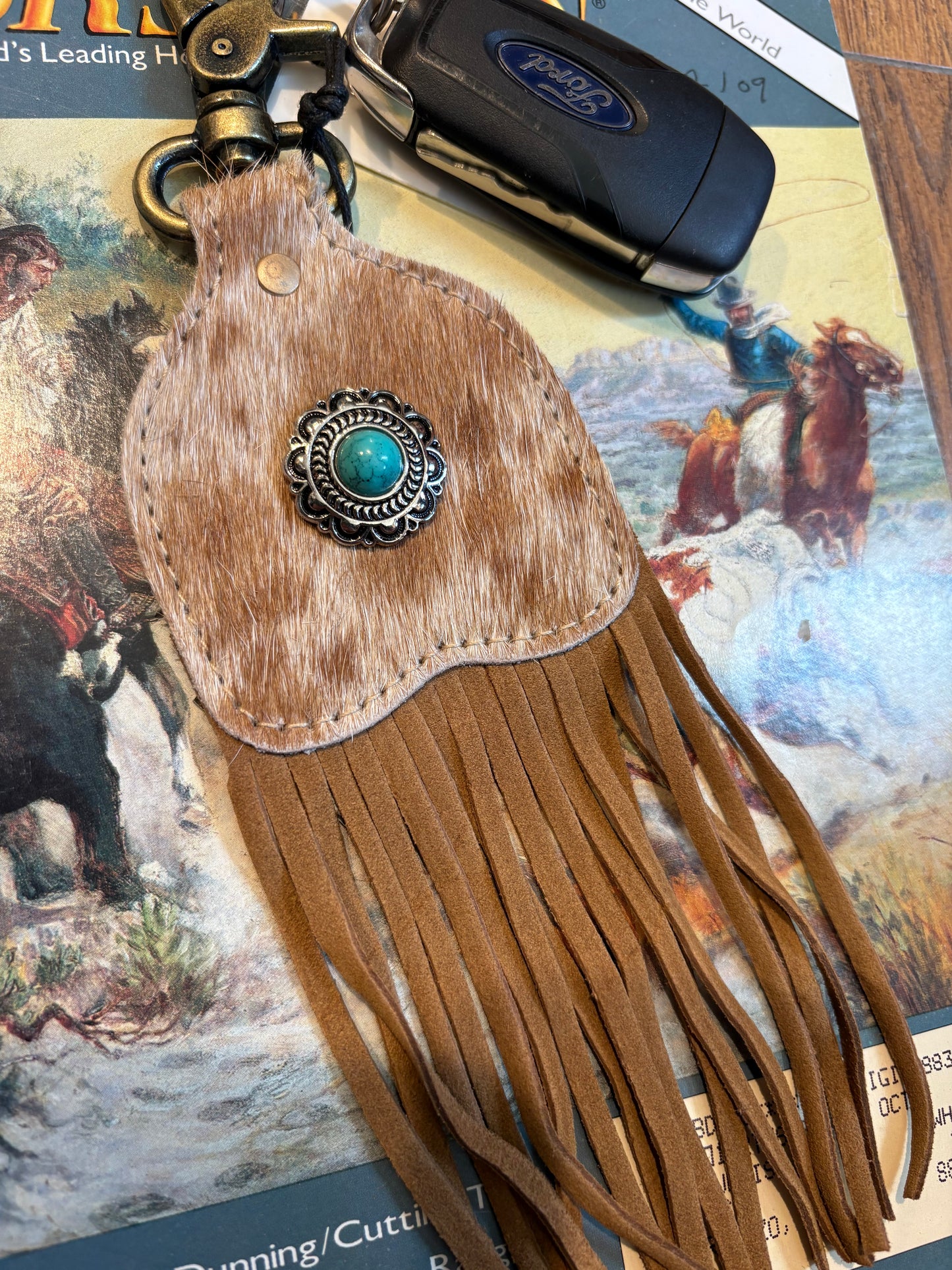 Pastureland Hairon Hide Fringed Key Fob