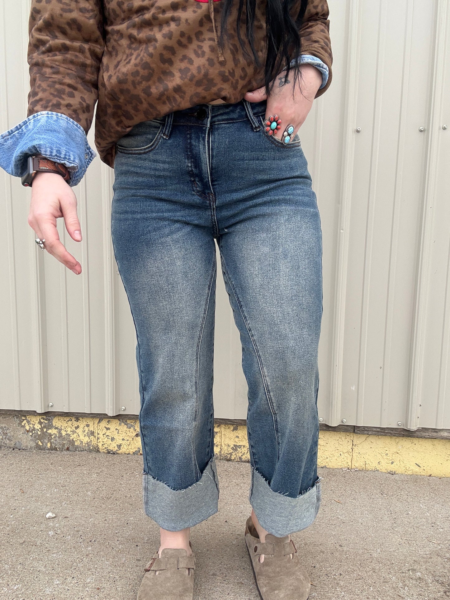 Vintage Wash Mid Rise Straight Leg Denim