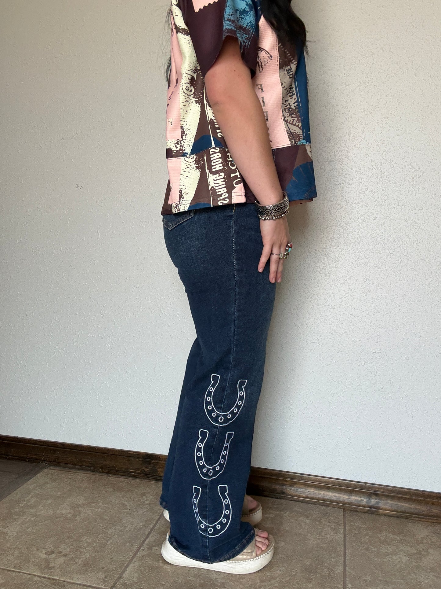 Dark Wash Horse Shoe Embroidered High Rise Wide Leg Cuffed Jean