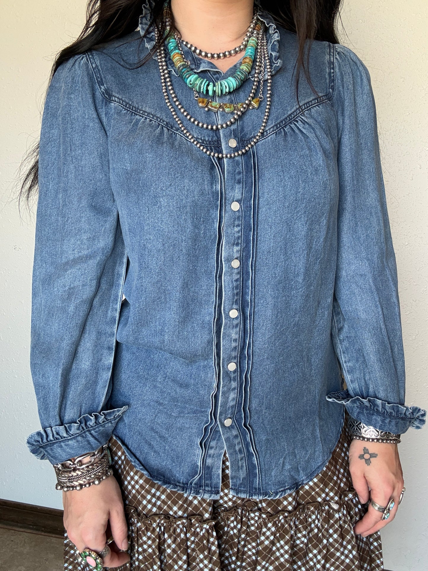 Medium Wash Denim Ruffled Pearl Snap