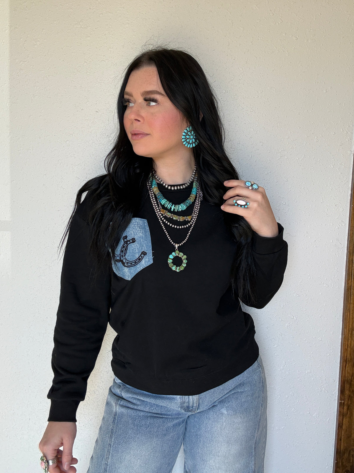 Embroidered Denim Front Pocket Crewneck