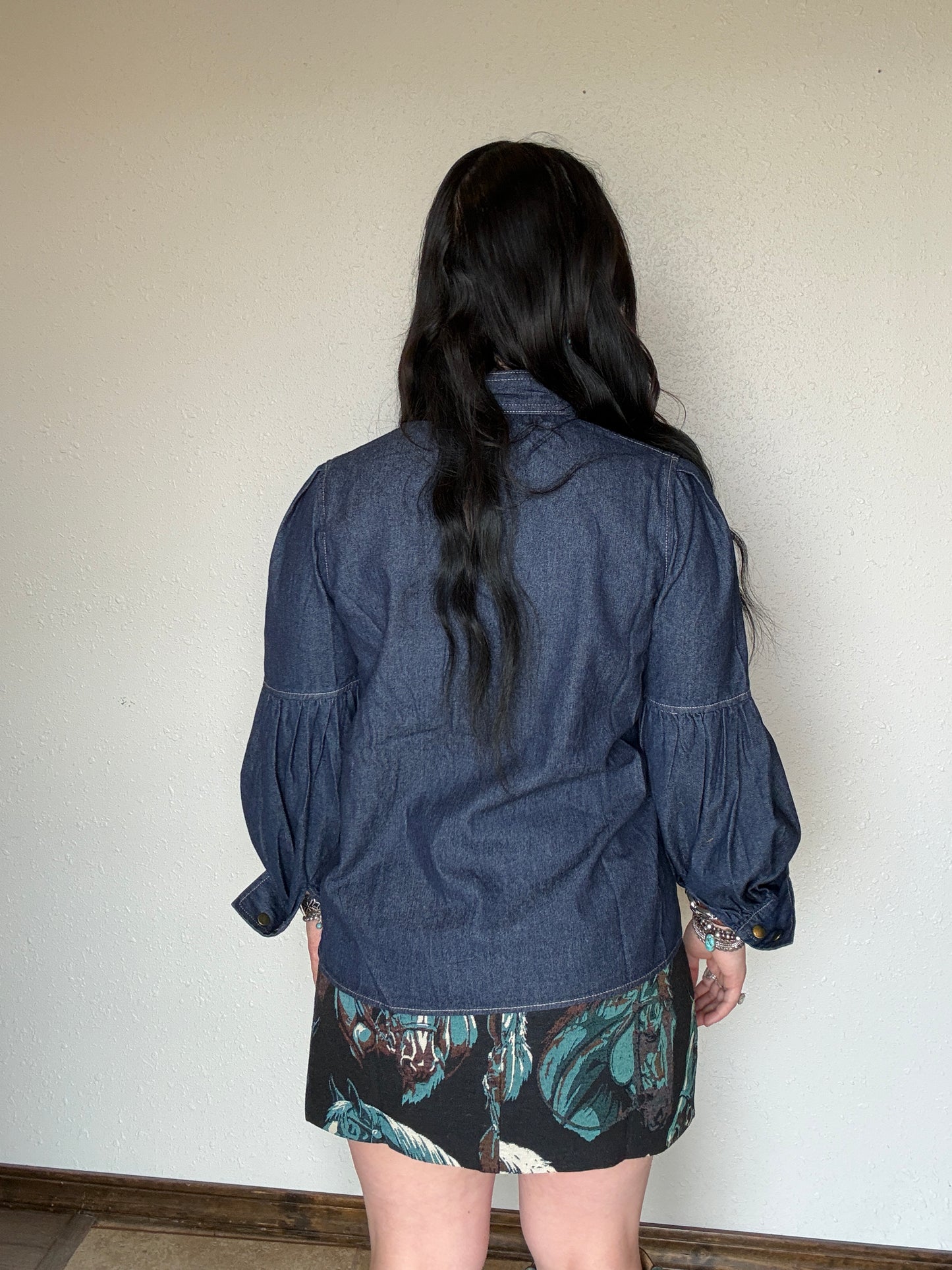 Dark Wash Puff Sleeve Denim Tie Top