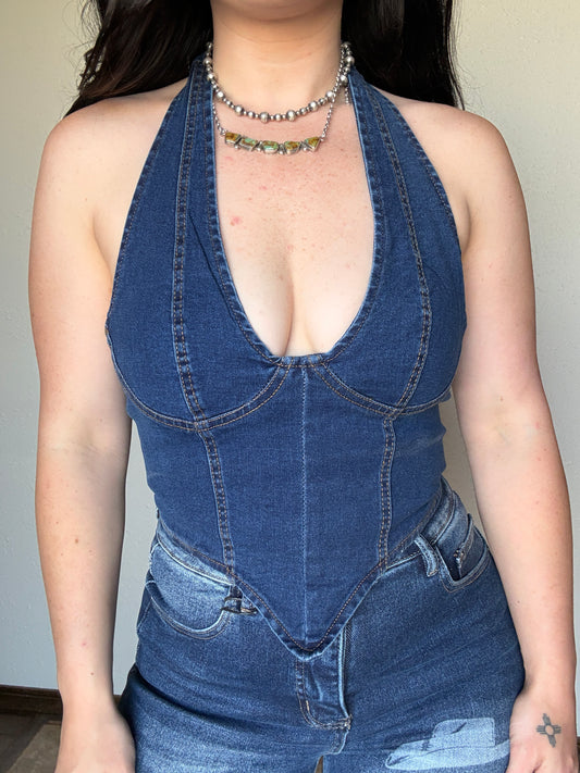 Dark Wash Denim Halter Top
