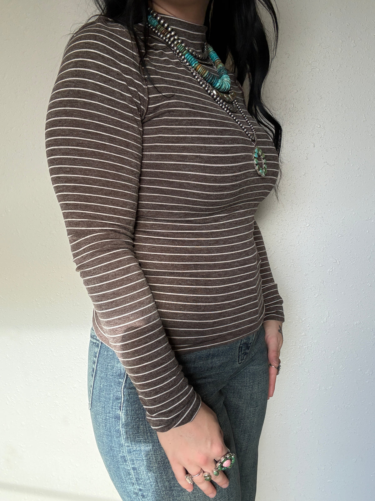 Striped Mock Neck Long Sleeve Top: CHOCOLATE