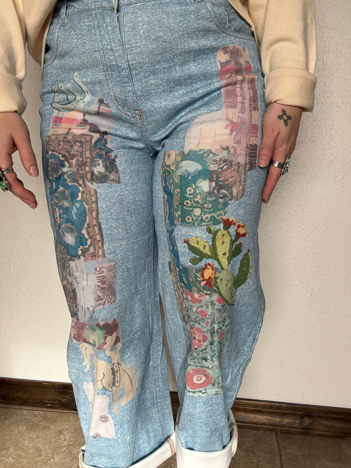 Western Art Collage Barrel Jeans