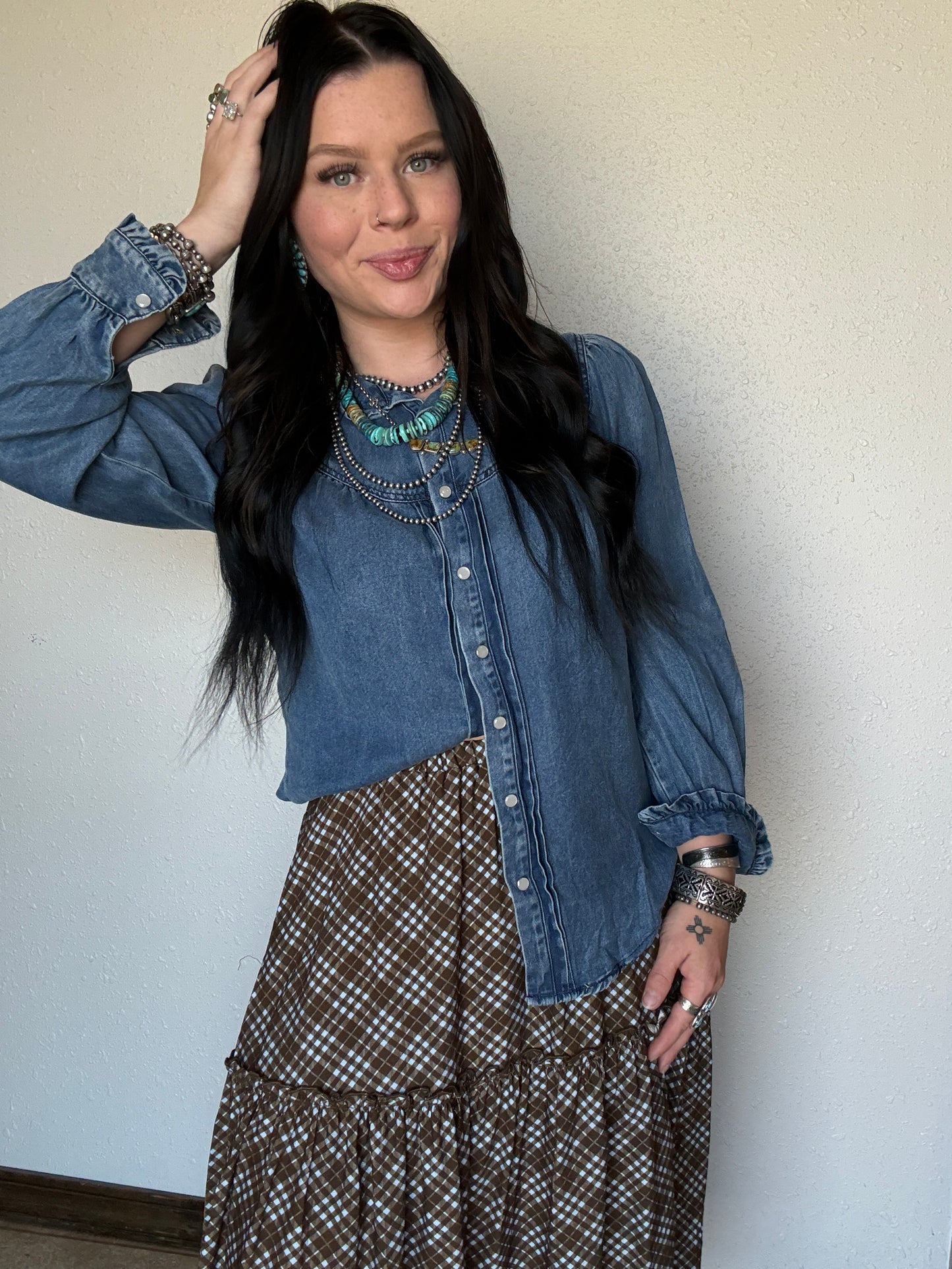 Medium Wash Denim Ruffled Pearl Snap