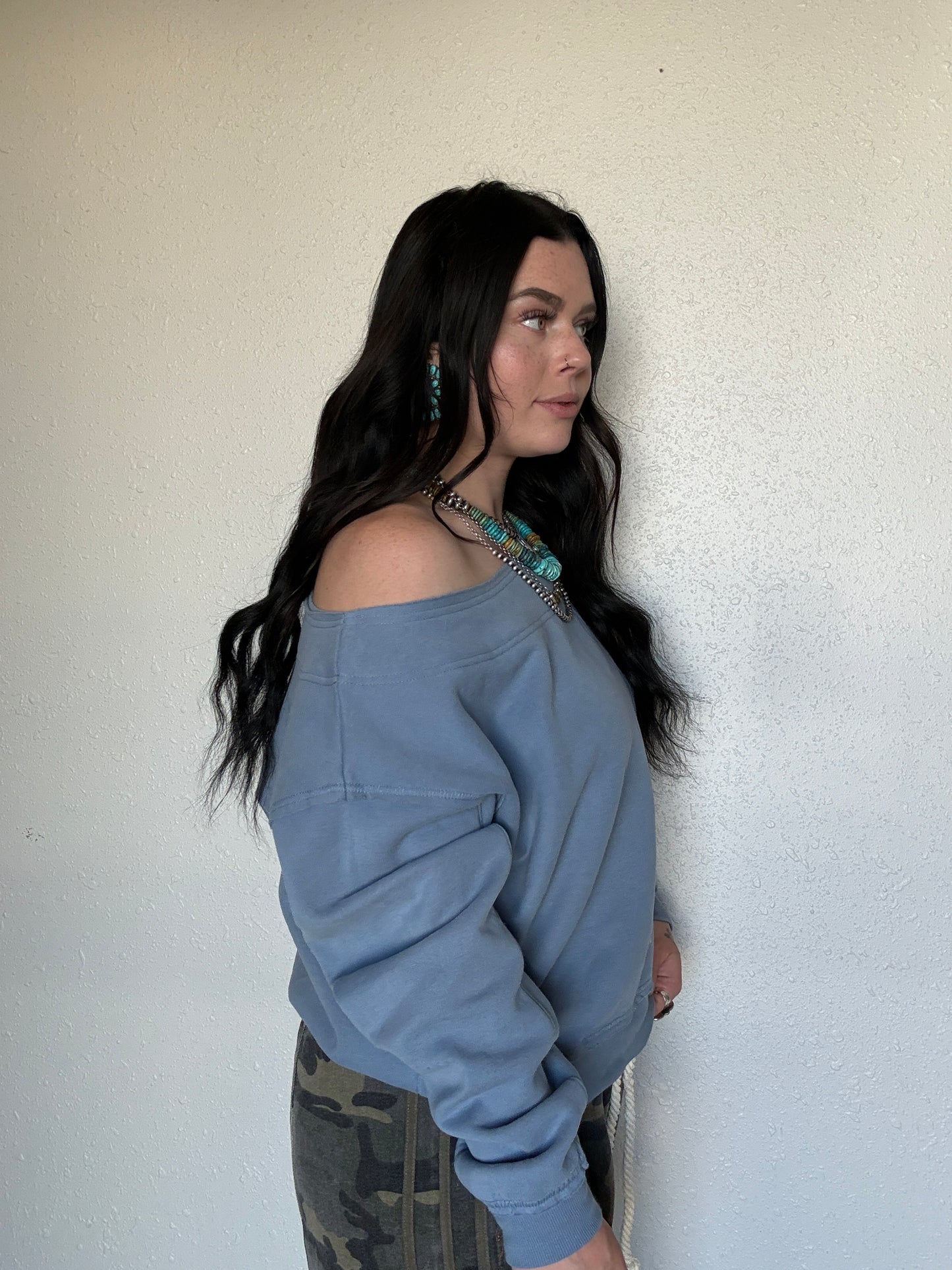 Ocean Blue Off The Shoulder Crewneck