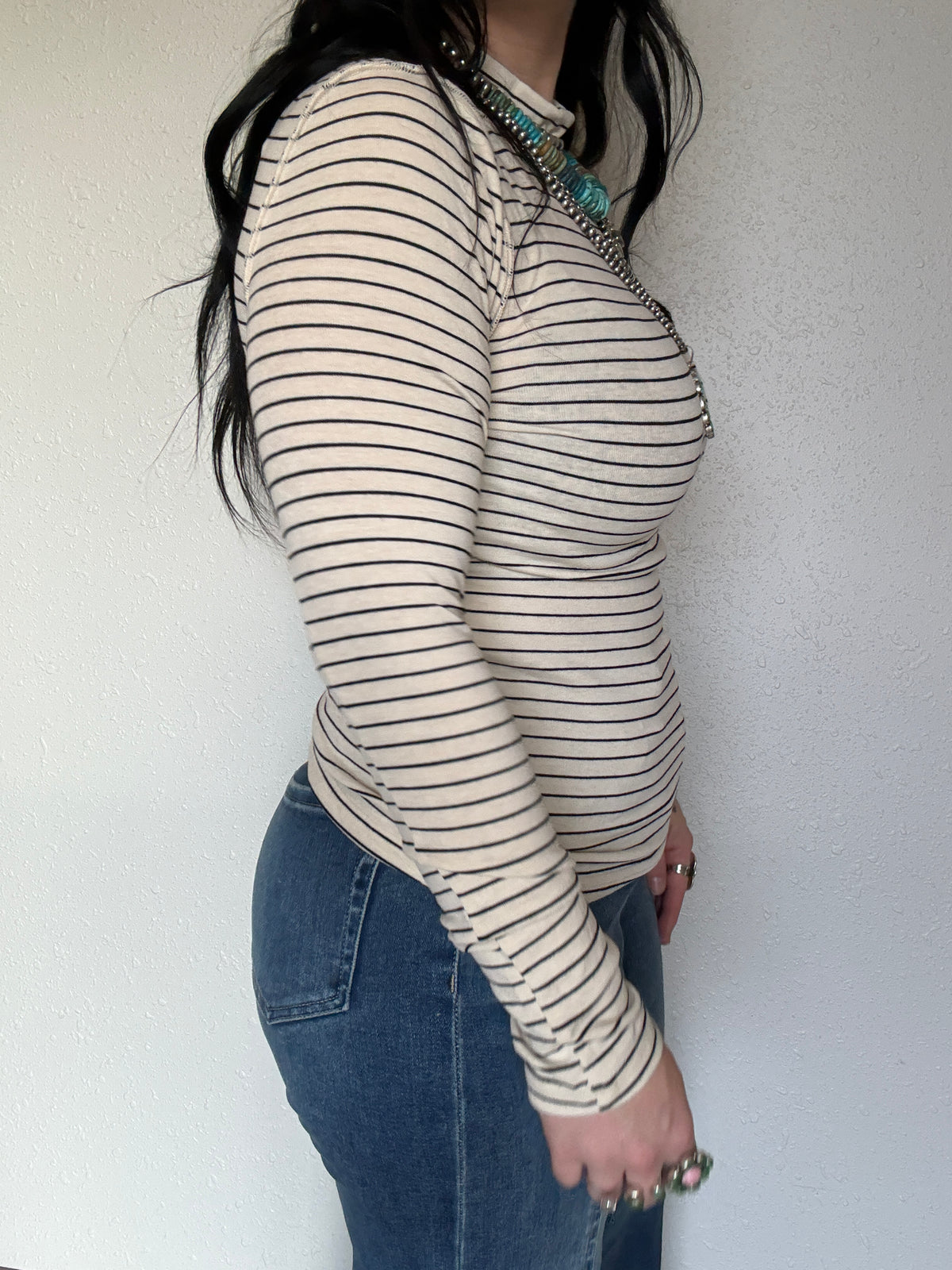 Striped Mock Neck Long Sleeve Top: CREAM