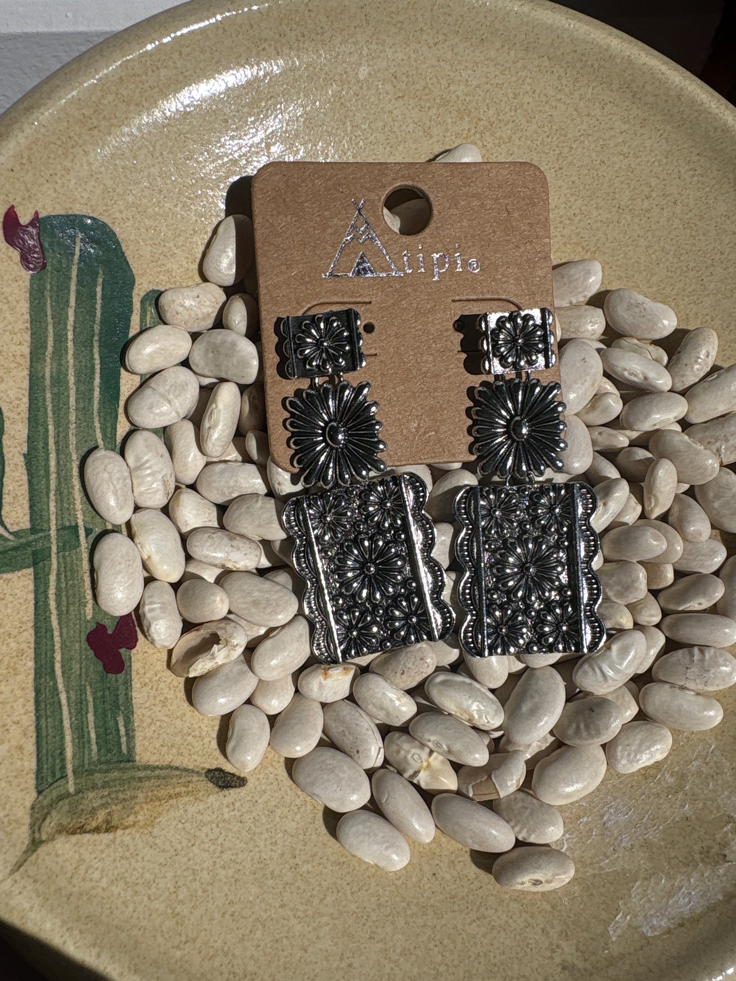 Rectangle Flower 3 Dangle Earring