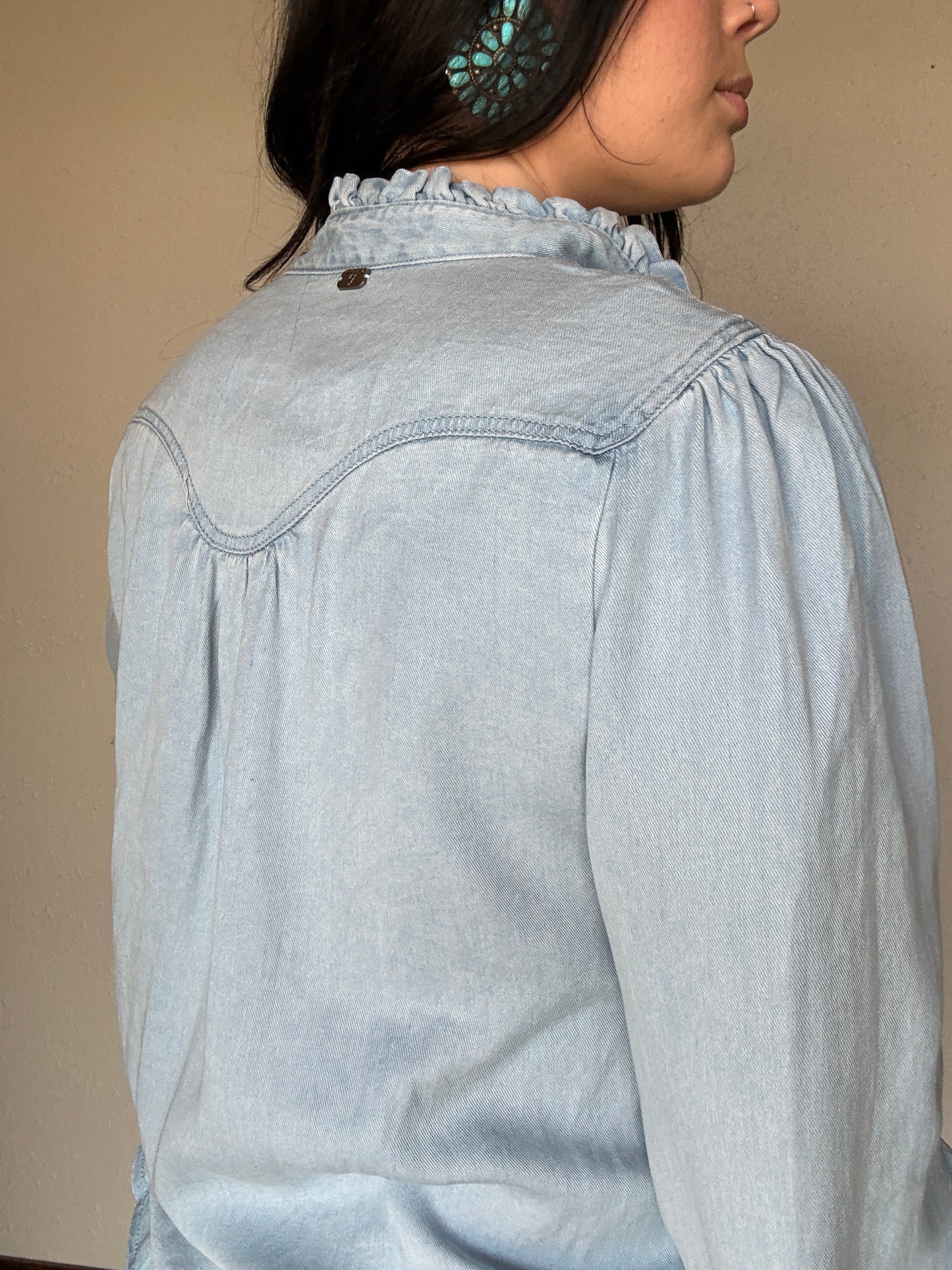 Light Wash Denim Ruffled Pearl Snap